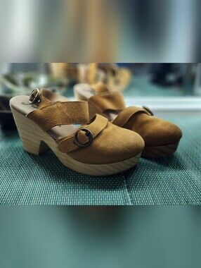 Suede Platform Clog Sandals in Tan - Comfortable Women's Slip-On